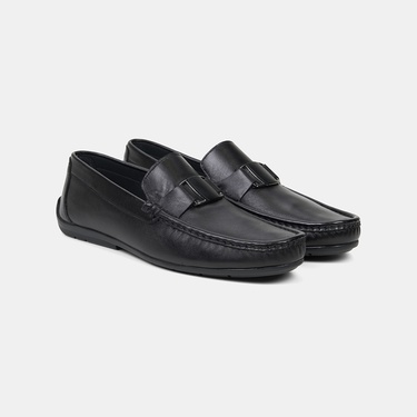  Erkek Siyah Metal Detaylı Deri Loafer