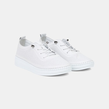  Kadın Beyaz Lastik Bağcıklı Deri Spor Ayakkabı