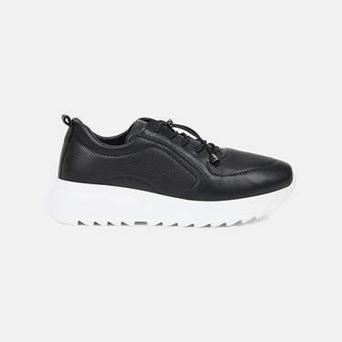  Kadın Siyah Lastik Bağcıklı Dolgu Topuklu Deri Sneaker