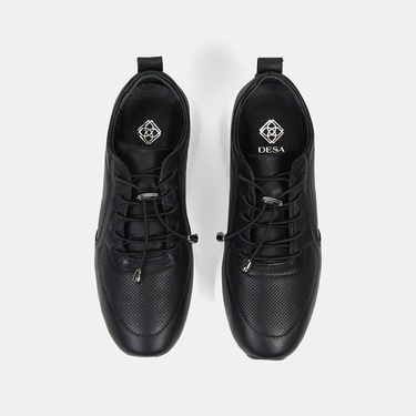  Kadın Siyah Lastik Bağcıklı Dolgu Topuklu Deri Sneaker