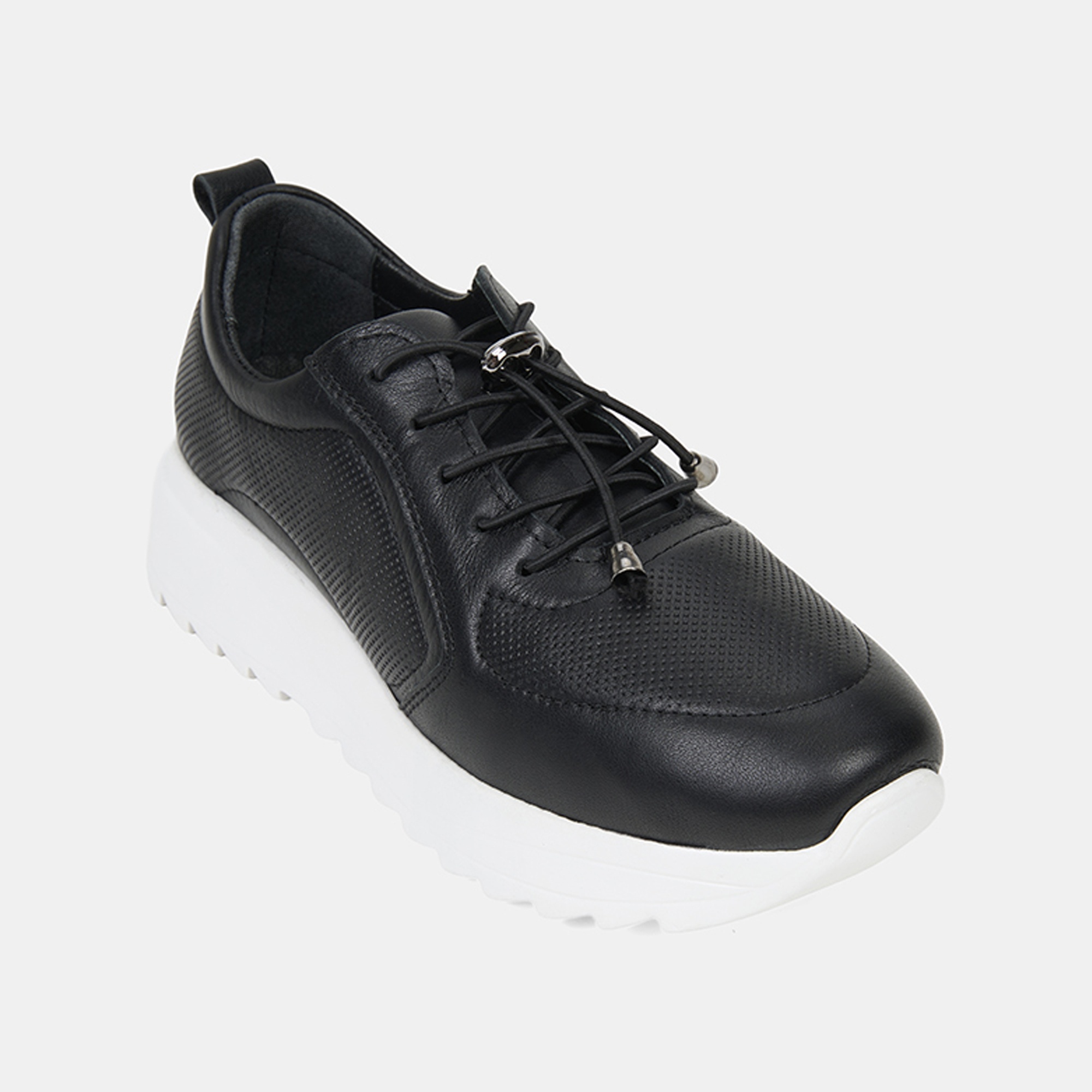 Kadın Siyah Lastik Bağcıklı Dolgu Topuklu Deri Sneaker