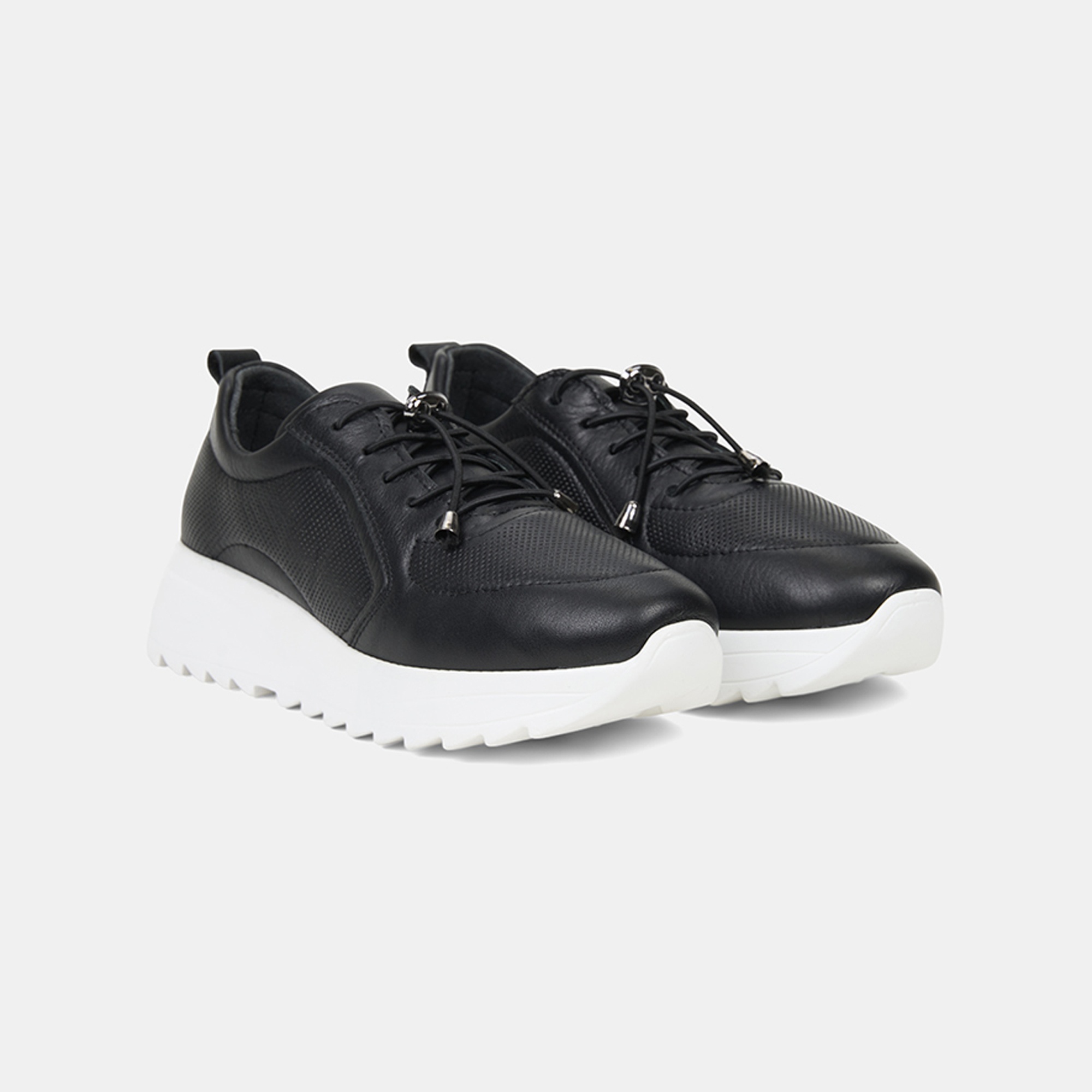 Kadın Siyah Lastik Bağcıklı Dolgu Topuklu Deri Sneaker