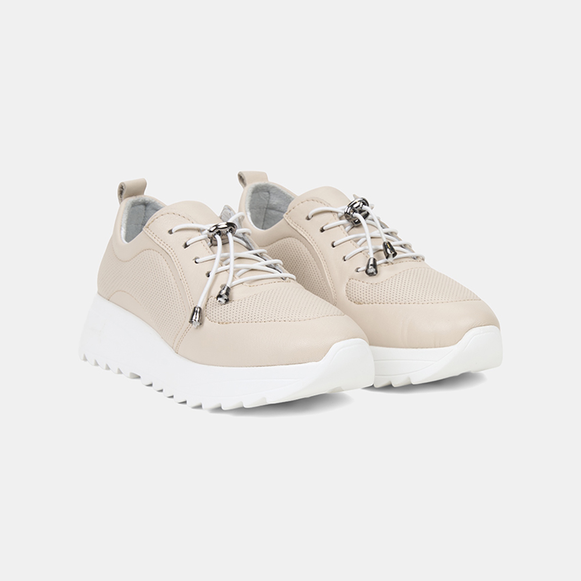 Kadın Kırık Beyaz Lastik Bağcıklı Dolgu Topuklu Deri Sneaker