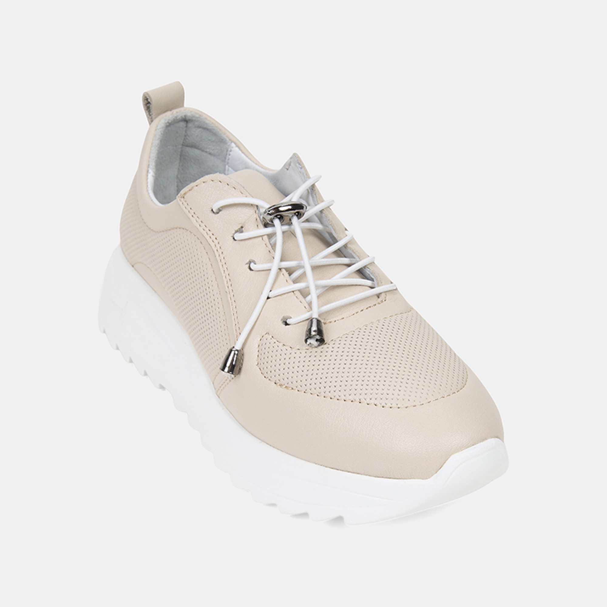 Kadın Kırık Beyaz Lastik Bağcıklı Dolgu Topuklu Deri Sneaker