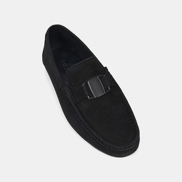  Erkek Siyah Metal Aksesuarlı Nubuk Deri Loafer