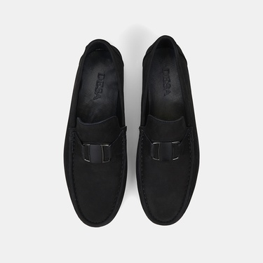  Erkek Siyah Metal Aksesuarlı Nubuk Deri Loafer