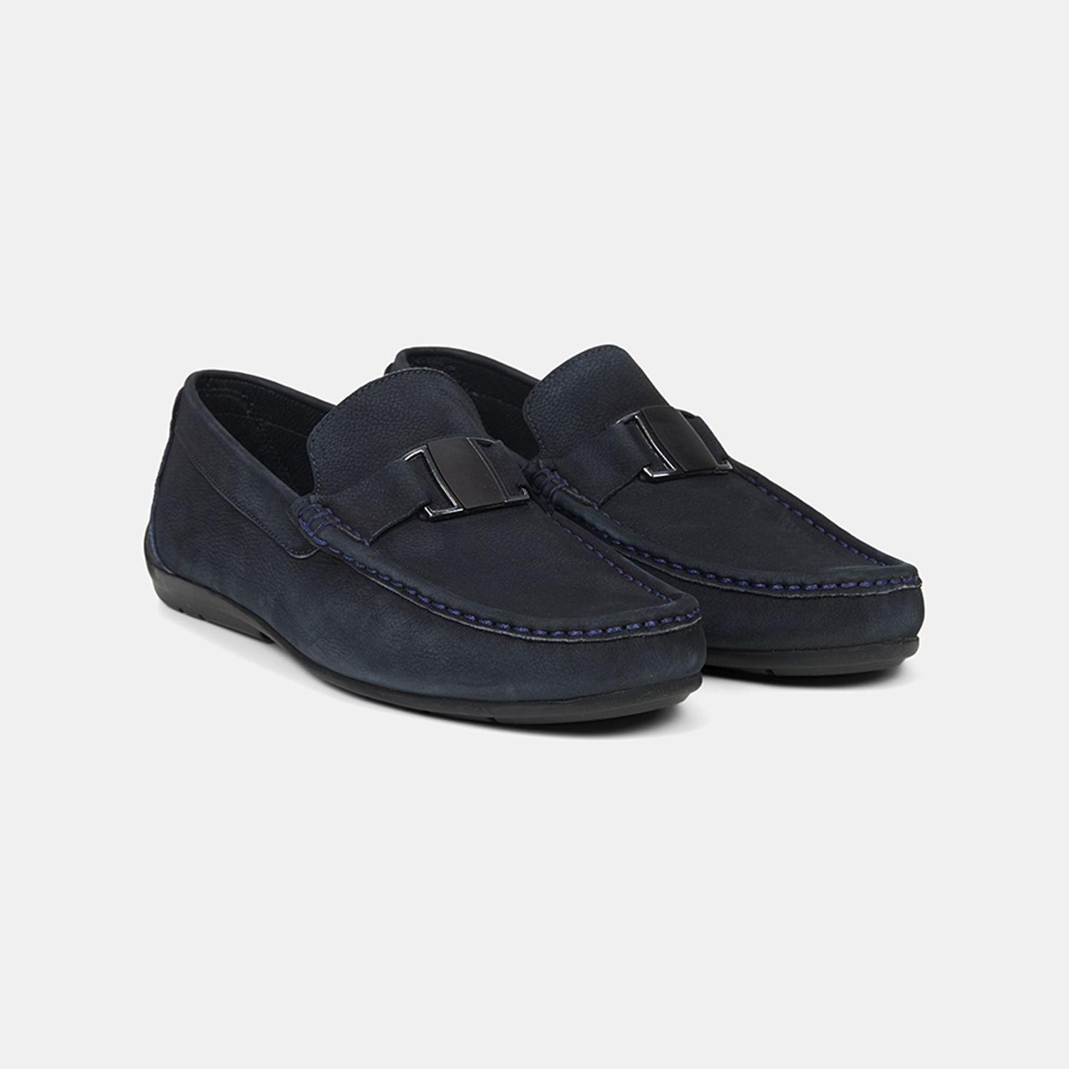 Erkek Lacivert Metal Aksesuarlı Nubuk Deri Loafer