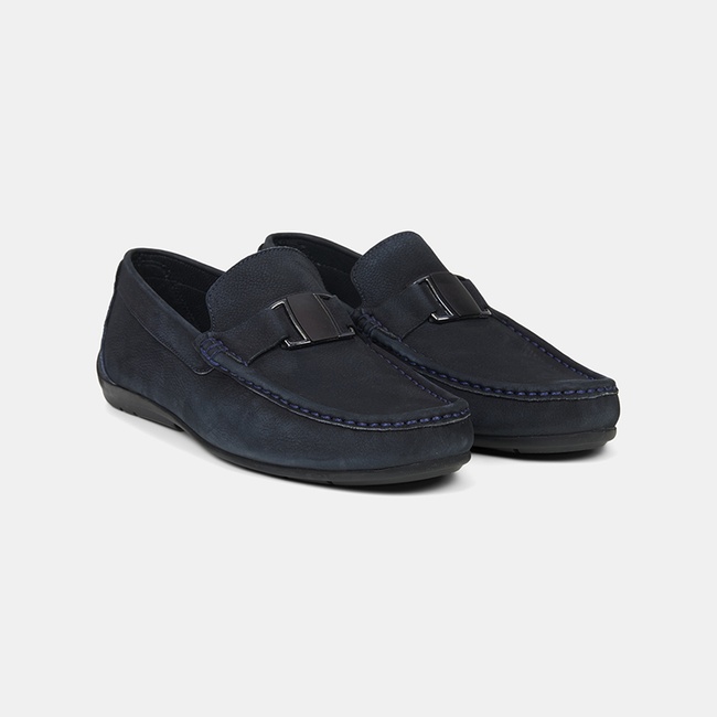  Erkek Lacivert Metal Aksesuarlı Nubuk Deri Loafer