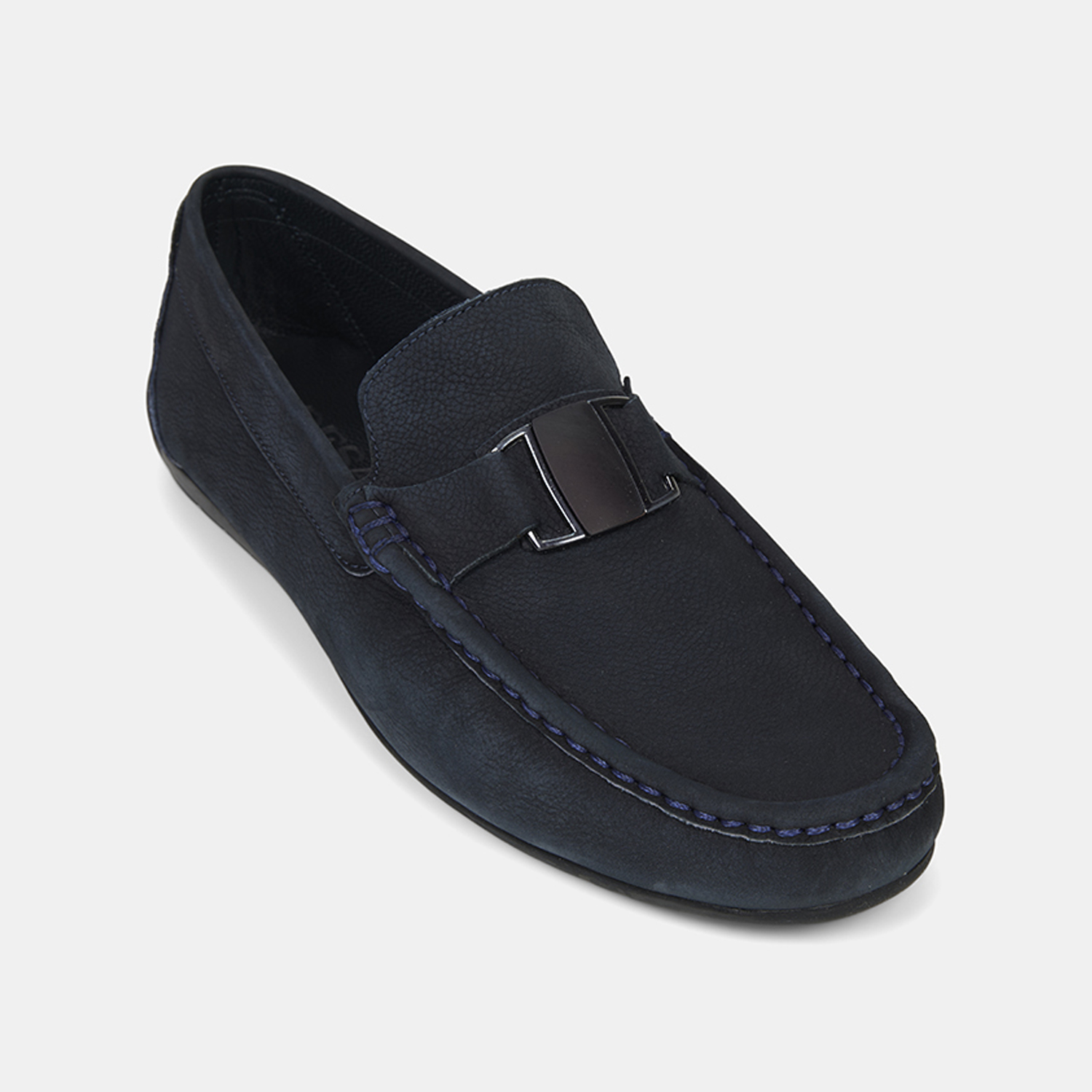  Erkek Lacivert Metal Aksesuarlı Nubuk Deri Loafer