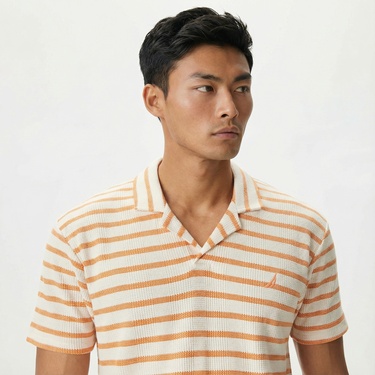  Nautica Erkek Turuncu Classic Fit Kısa Kollu Çizgili Polo Yaka T-Shirt