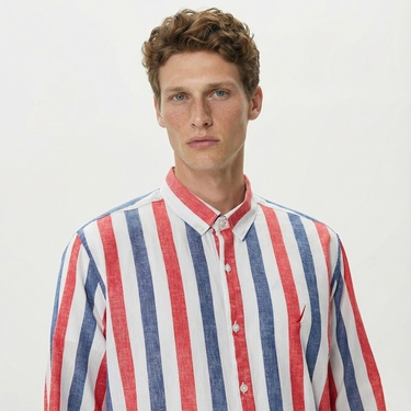  Nautica Erkek Kırmızı Classic Fit Uzun Kollu Keten Gömlek