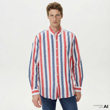  Nautica Erkek Kırmızı Classic Fit Uzun Kollu Keten Gömlek