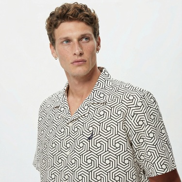  Nautica Erkek Krem Rengi Classic Fit Kısa Kollu Keten Gömlek