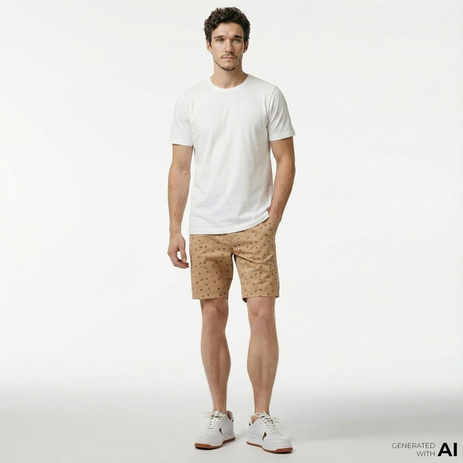  Nautica Erkek Bej Slim Fit Baskılı Bermuda