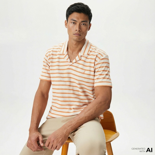  Nautica Erkek Turuncu Classic Fit Kısa Kollu Çizgili Polo Yaka T-Shirt