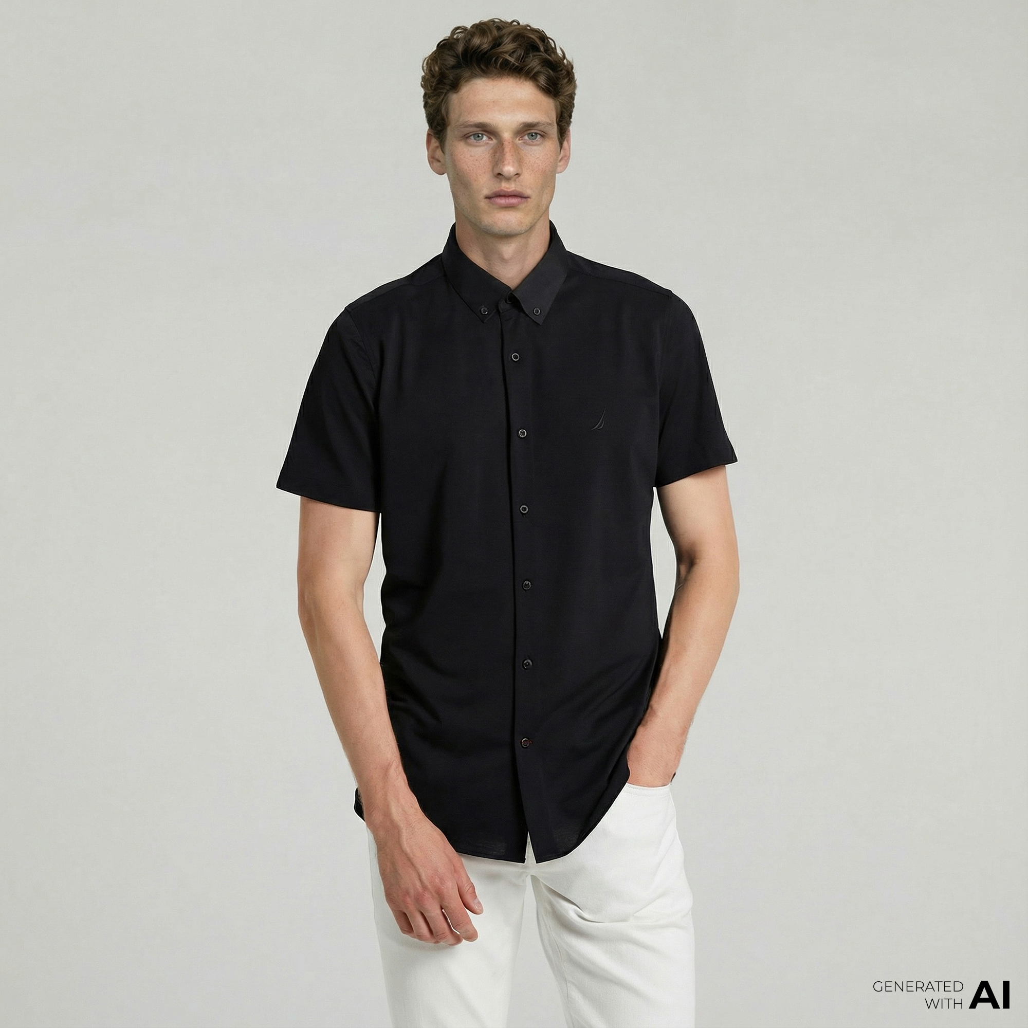  Nautica Erkek Siyah Slim Fit Kısa Kollu Gömlek