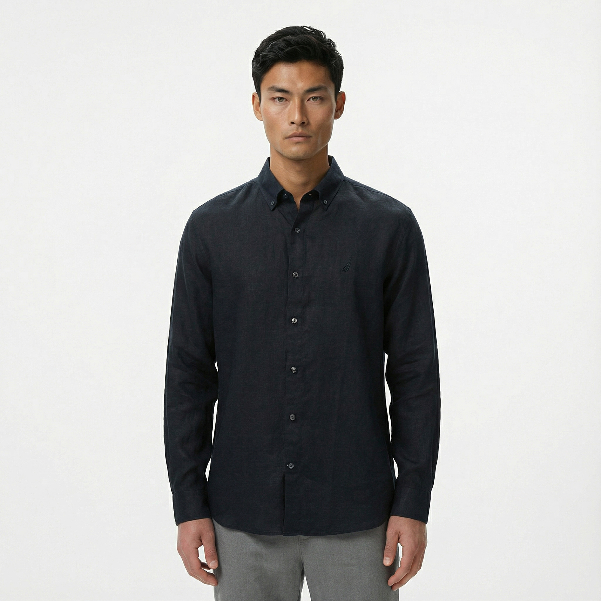  Nautica Erkek Siyah Classic Fit Keten Gömlek