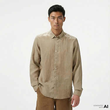  Nautica Erkek Bej Classic Fit Keten Gömlek