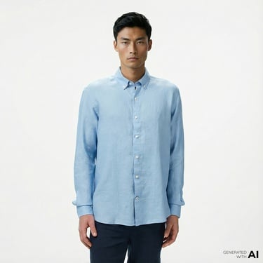  Nautica Erkek Mavi Classic Fit Keten Gömlek