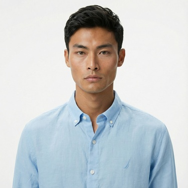  Nautica Erkek Mavi Classic Fit Keten Gömlek