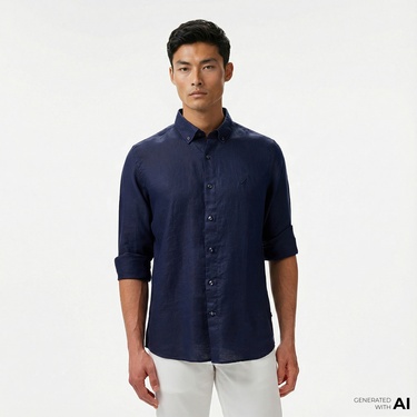  Nautica Erkek Lacivert Classic Fit Keten Gömlek