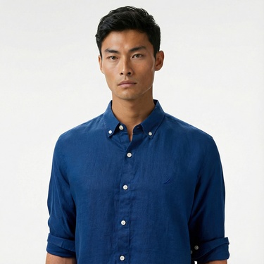  Nautica Erkek Mavi Classic Fit Keten Gömlek