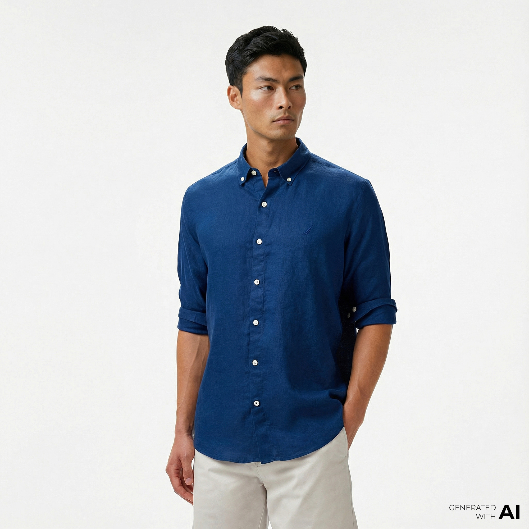  Nautica Erkek Mavi Classic Fit Keten Gömlek