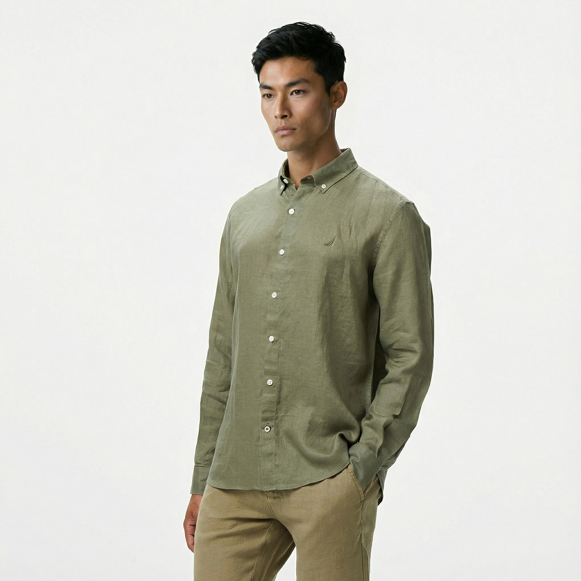  Nautica Erkek Yeşil Classic Fit Keten Gömlek