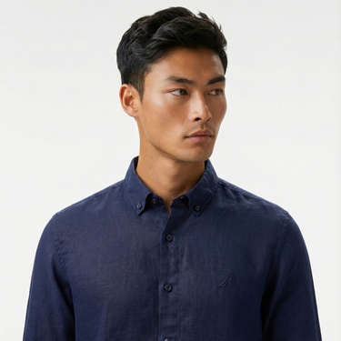 Nautica Erkek Lacivert Classic Fit Keten Gömlek
