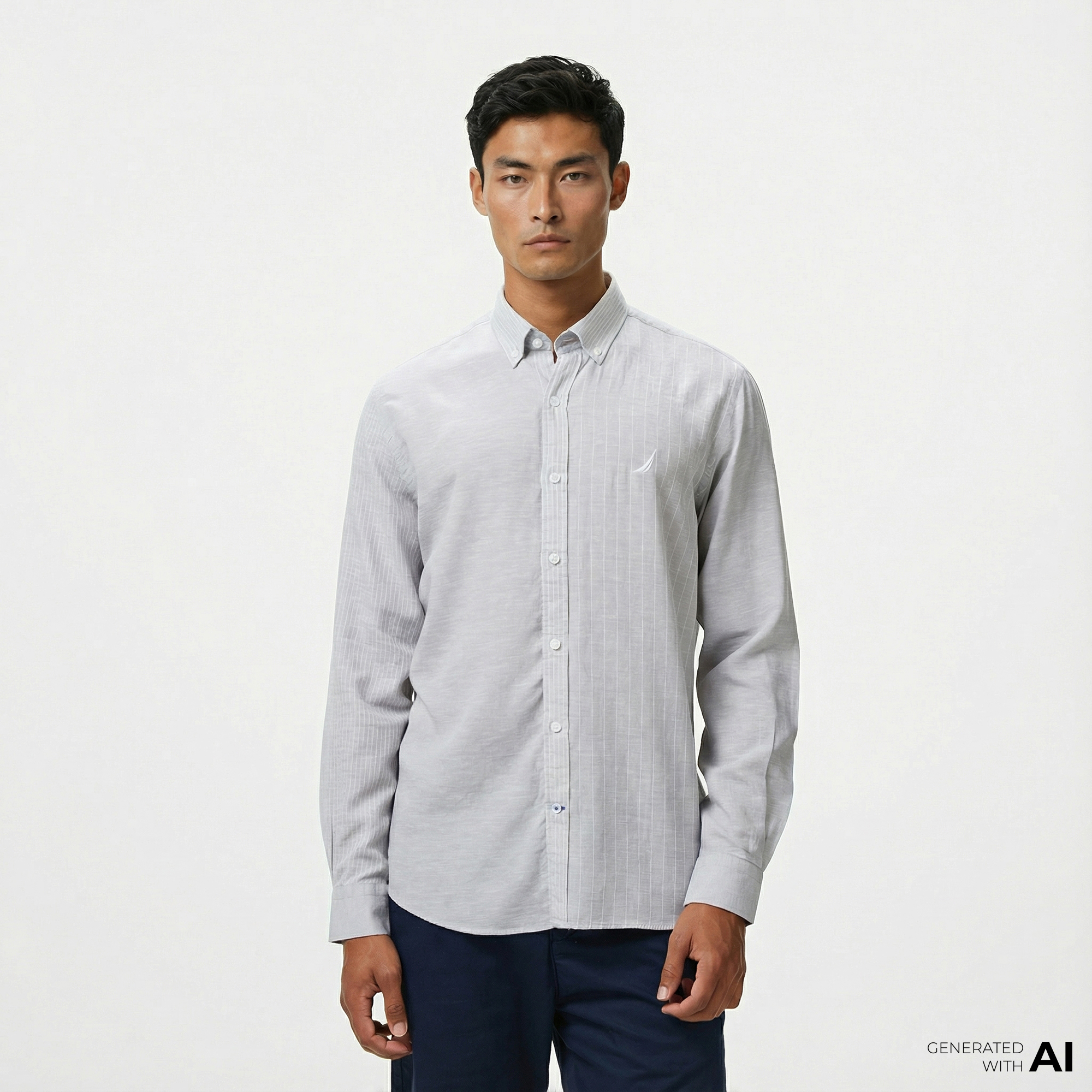  Nautica Erkek Gri Classic Fit Çizgili Gömlek