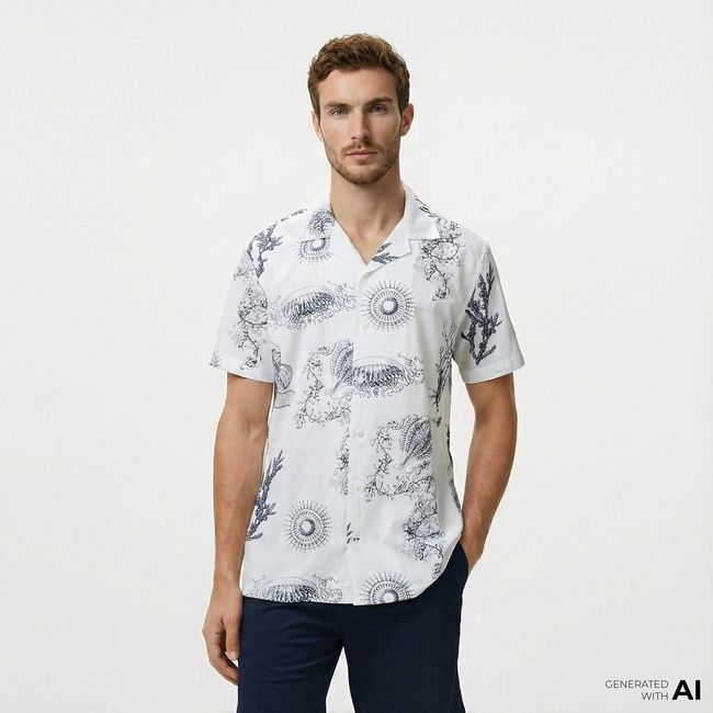  Nautica Erkek Beyaz Classic Fit Desenli Gömlek