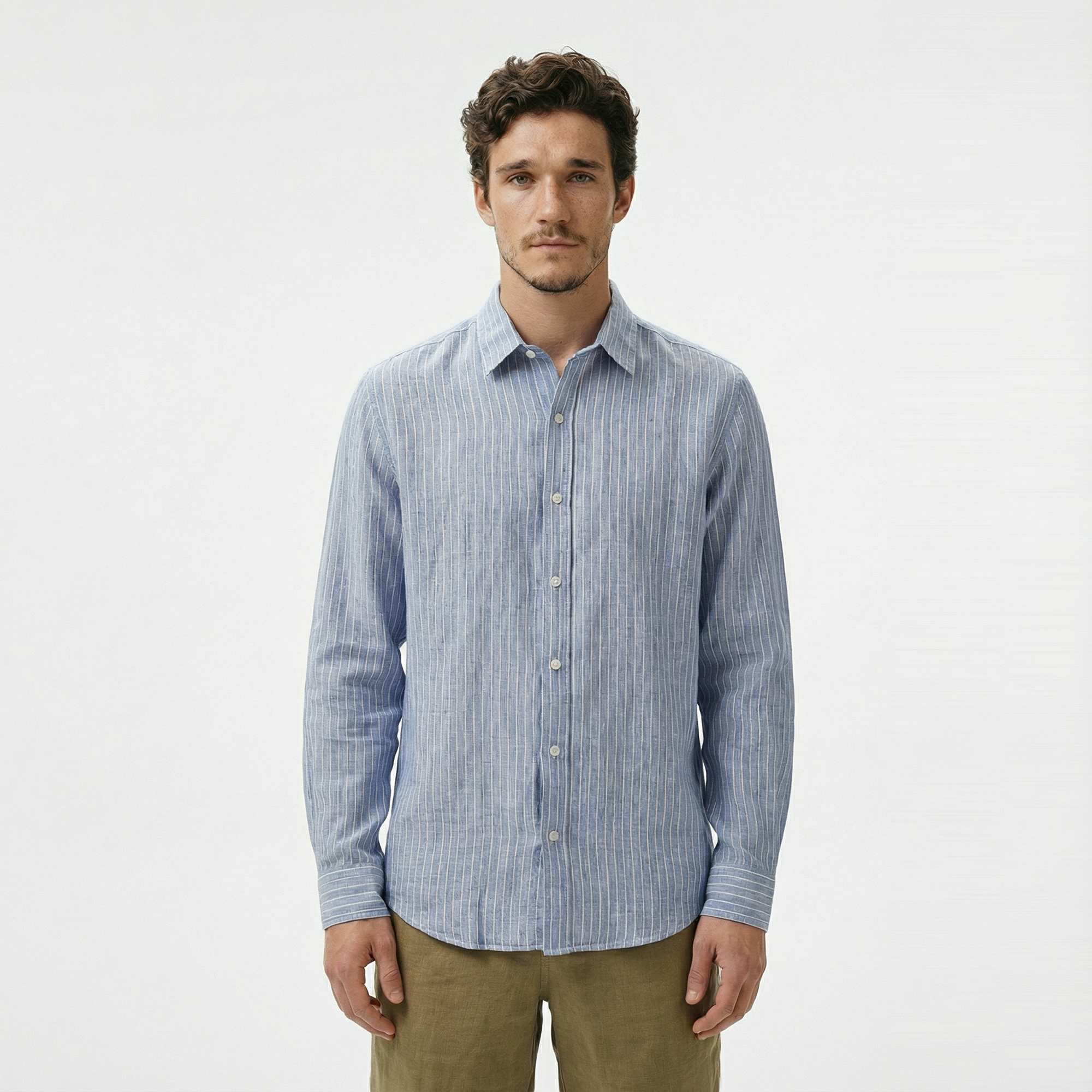  Nautica Erkek Mavi Classic Fit Çizgili Keten Gömlek