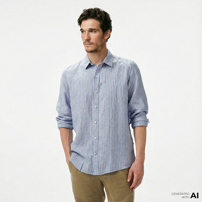  Nautica Erkek Mavi Classic Fit Çizgili Keten Gömlek