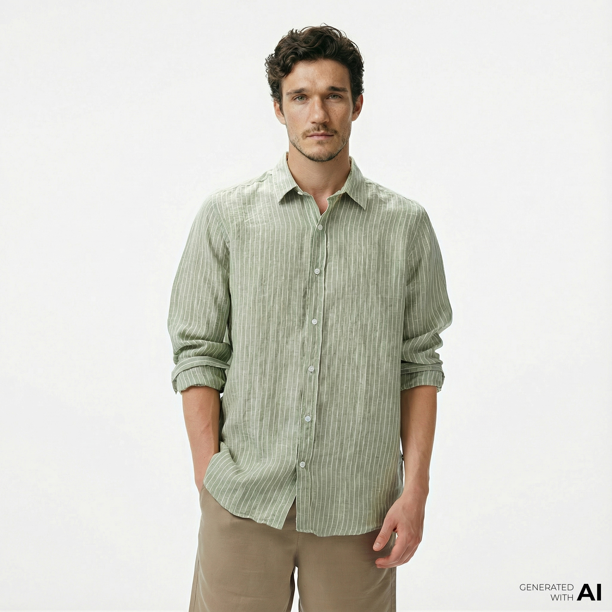  Nautica Erkek Yeşil Classic Fit Çizgili Keten Gömlek