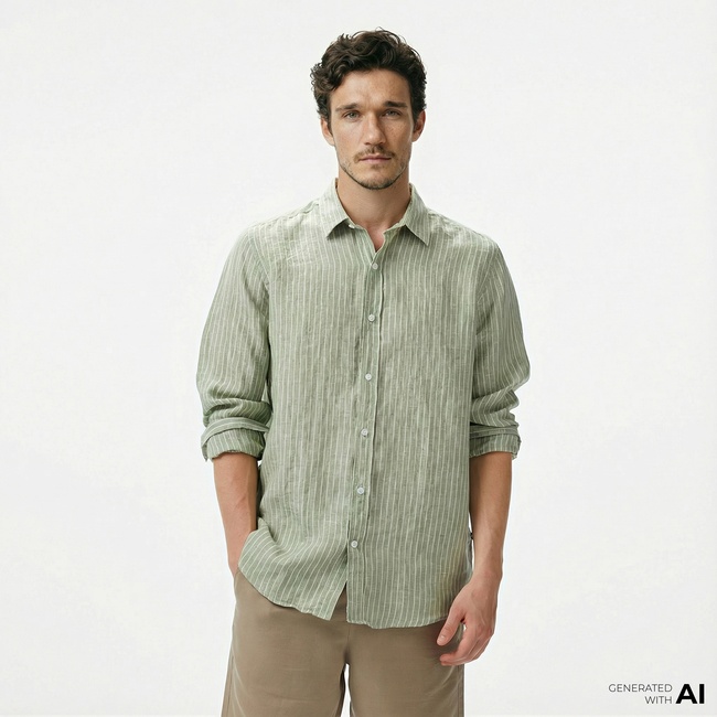  Nautica Erkek Yeşil Classic Fit Çizgili Keten Gömlek