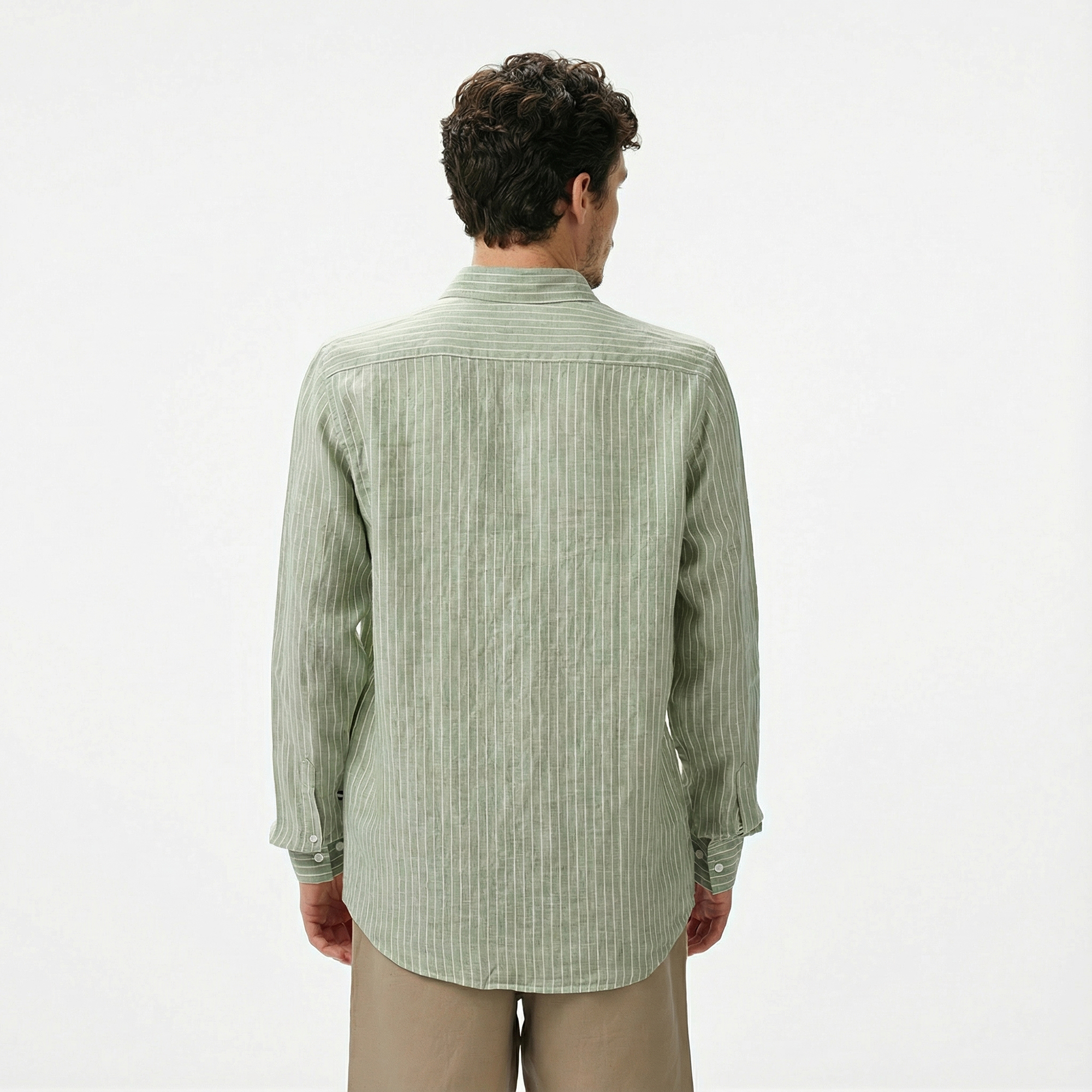  Nautica Erkek Yeşil Classic Fit Çizgili Keten Gömlek