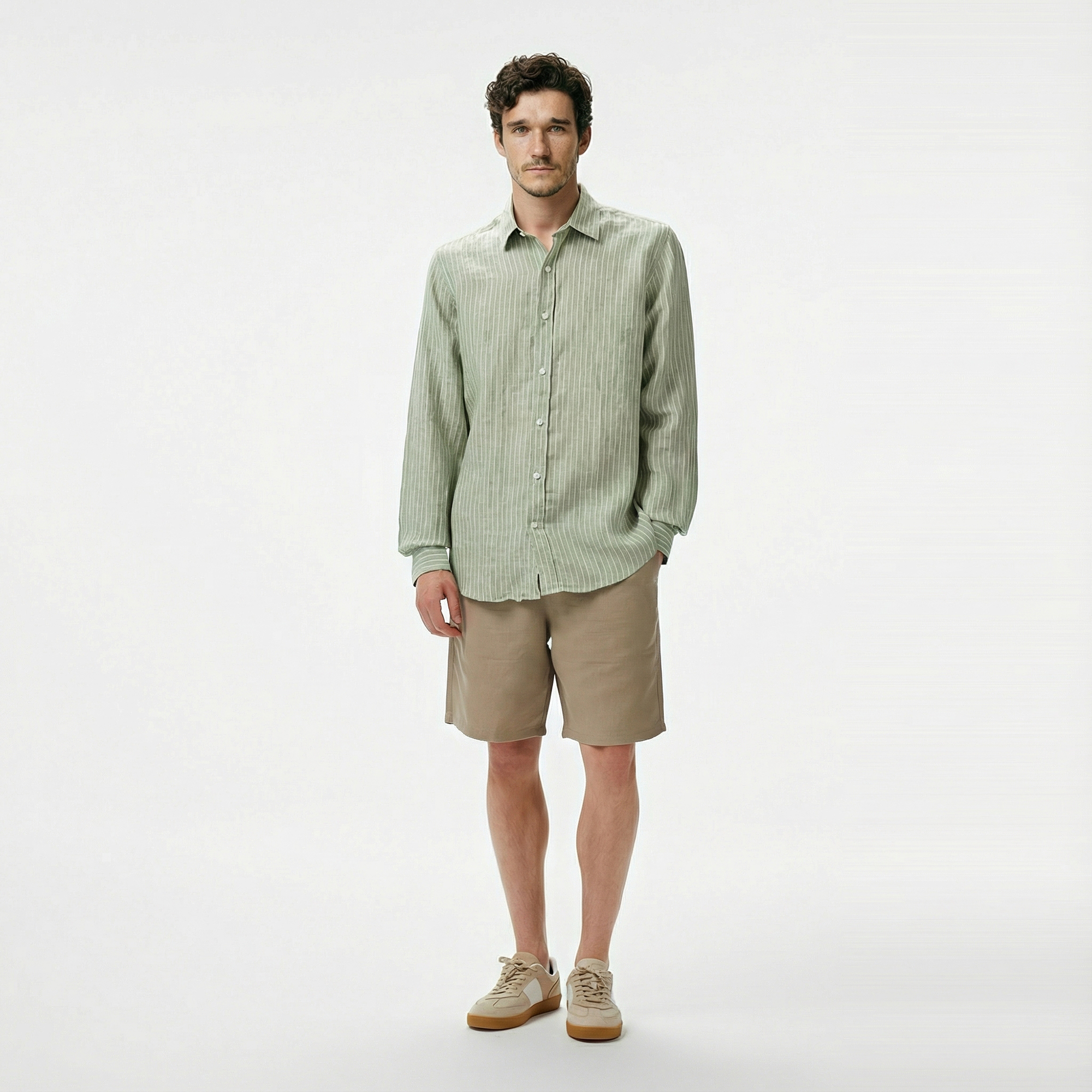  Nautica Erkek Yeşil Classic Fit Çizgili Keten Gömlek