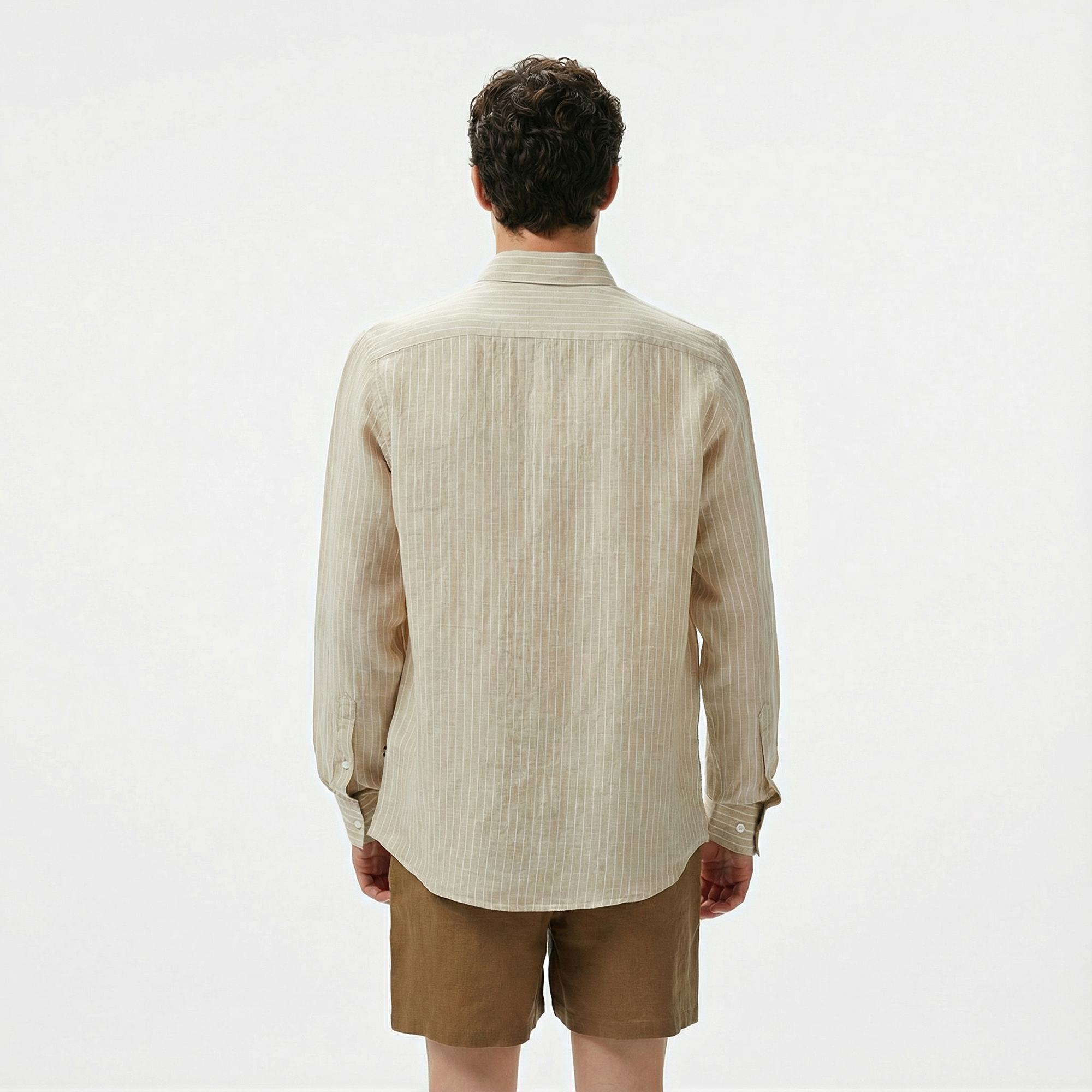  Nautica Erkek Bej Classic Fit Çizgili Keten Gömlek