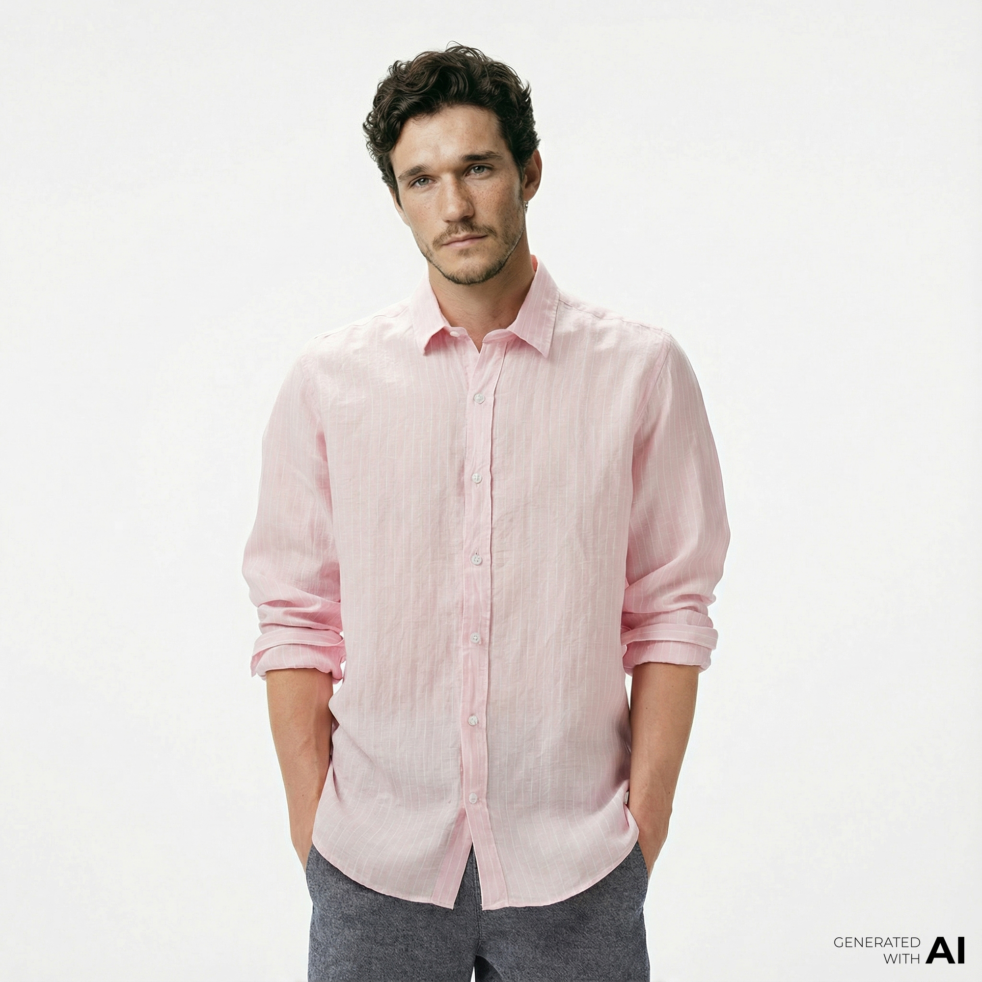  Nautica Erkek Pembe Classic Fit Çizgili Keten Gömlek