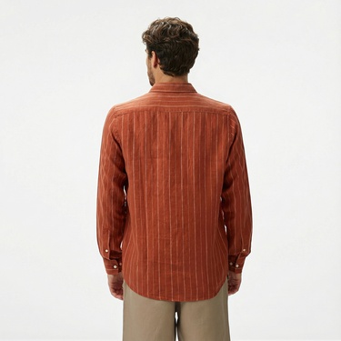  Nautica Erkek Kırmızı Classic Fit Çizgili Keten Gömlek