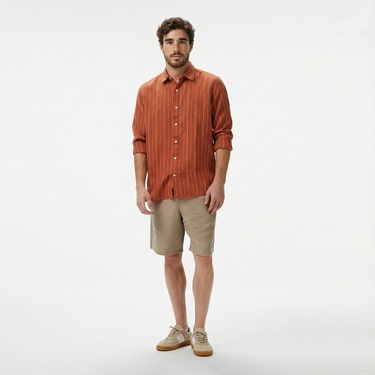  Nautica Erkek Kırmızı Classic Fit Çizgili Keten Gömlek