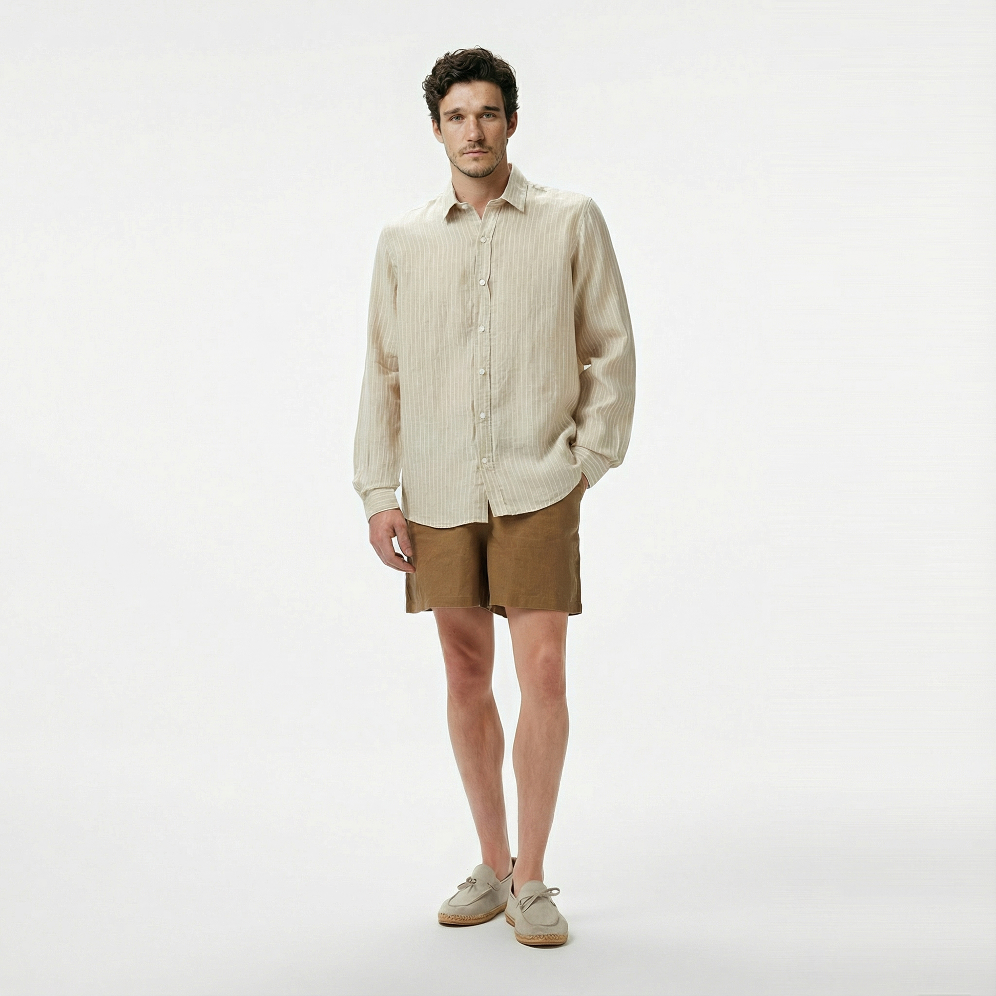  Nautica Erkek Bej Classic Fit Çizgili Keten Gömlek