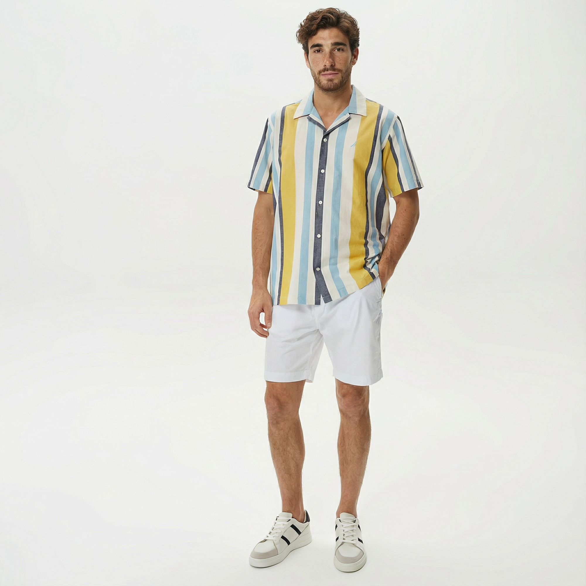  Nautica Erkek Çizgili Classic Renkli Fit Kısa Kollu Keten Gömlek