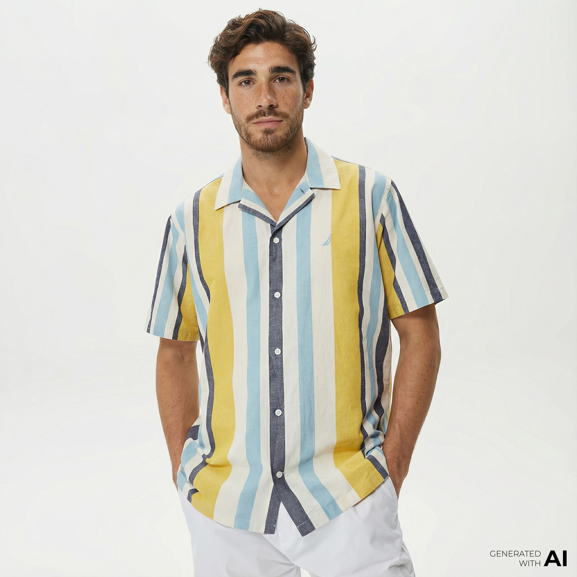  Nautica Erkek Çizgili Classic Renkli Fit Kısa Kollu Keten Gömlek