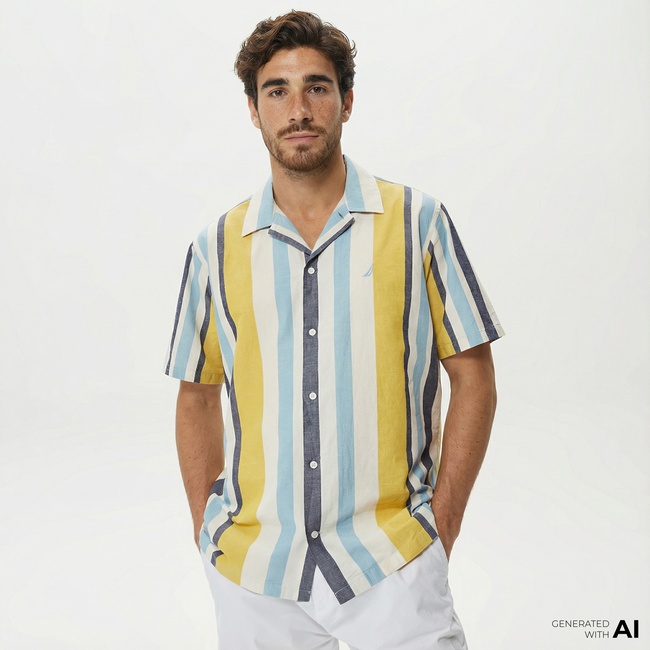  Nautica Erkek Çizgili Classic Renkli Fit Kısa Kollu Keten Gömlek