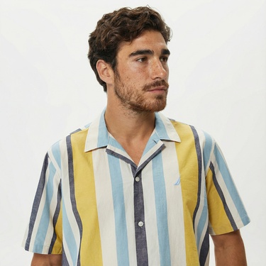  Nautica Erkek Çizgili Classic Renkli Fit Kısa Kollu Keten Gömlek