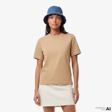  Lacoste Print Cotton Kadın Bej T-Shirt