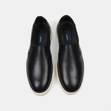  Erkek Siyah Kalın Tabanlı Deri Spor Loafer