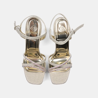  Kadın Gold Taşlı Ayarlanabilir Tokalı Topuklu Abiye Sandalet