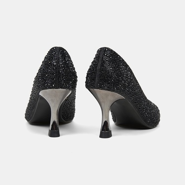  Kadın Siyah Taşlı Sivri Burunlu Topuklu Abiye Ayakkabı